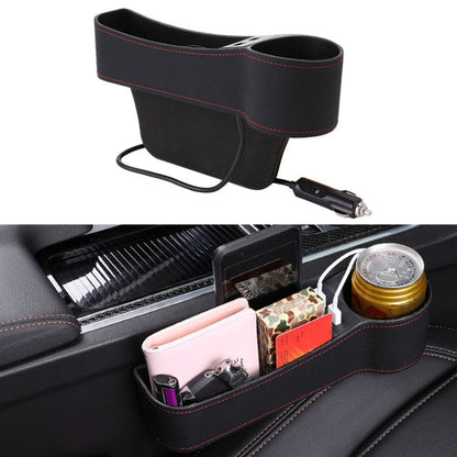 Black PU leather co-pilot seat gap organizer with two cup holders and wired charging port