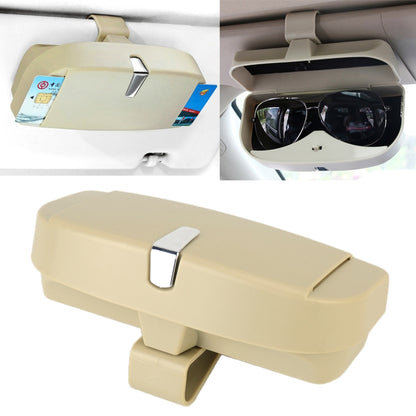 Beige car sunglasses case with card slot, snap lid open with black sunglasses