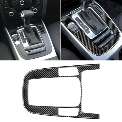 Carbon fiber-pattern gear shift panel sticker with cutouts for selector and buttons