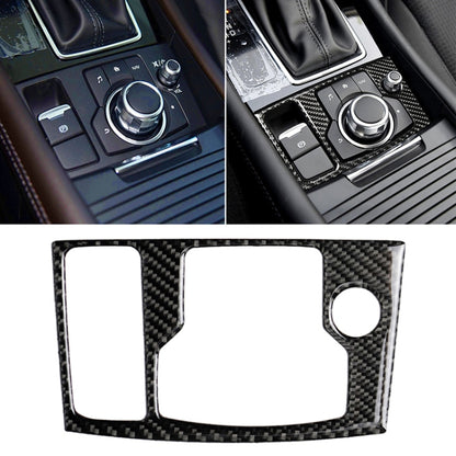 Carbon fiber dashboard multimedia trim sticker with cutouts for buttons and knob