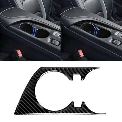 Carbon fiber cup holder trim sticker with oval cutout and twin notch ends