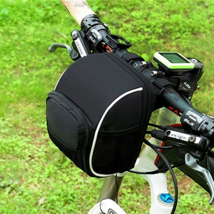 Black bicycle front phone bag with curved reflective trim, mounted on handlebars