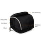 Black bicycle front bag with zipper, side pocket, grid fabric, and reflective stripe