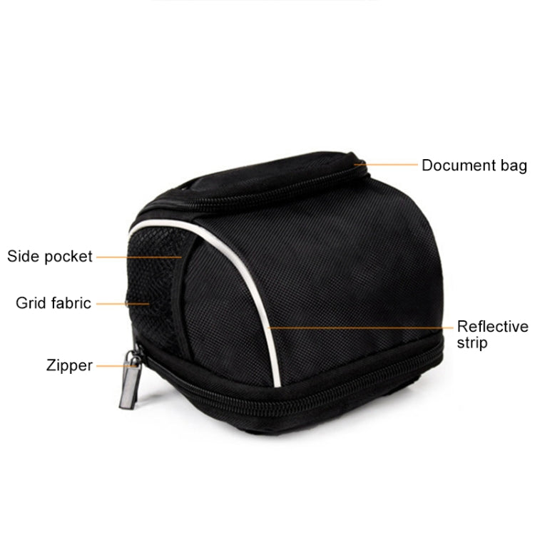 Black bicycle front bag with zipper, side pocket, grid fabric, and reflective stripe