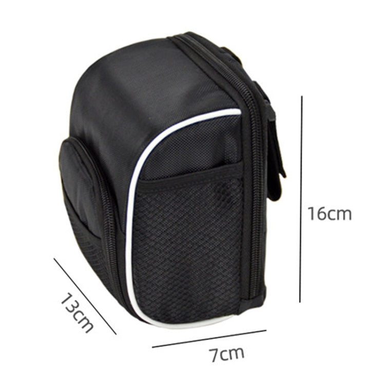 Black oval bicycle front phone bag with white piping and full zipper closure