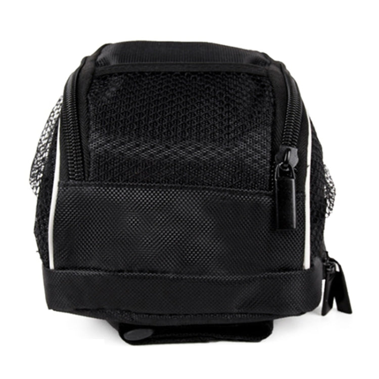 Black bicycle front bag with textured panel, white piping, and zipper front