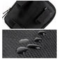 Black bicycle front bag showing hook-and-loop strap and textured surface