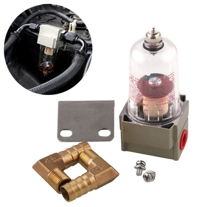 Manual oil catch reservoir can with clear filter, dark base, mounting plate, brass fittings