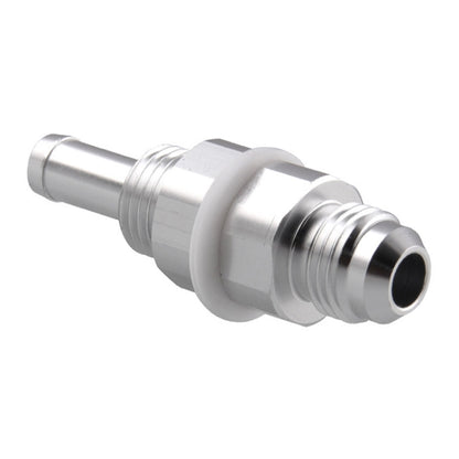 AN6 male flare bulkhead hose barb fitting in silver aluminum, with threaded barb ends