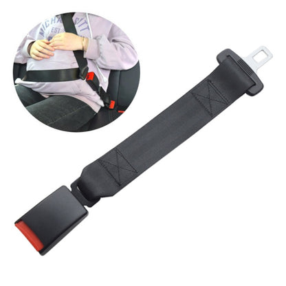 Car seat belt extension strap with dark gray webbing and red release buckle ends