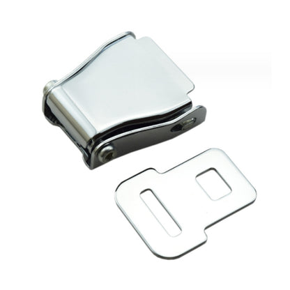 Trapezoid aircraft seat belt buckle with release tab, metal and light gray plate