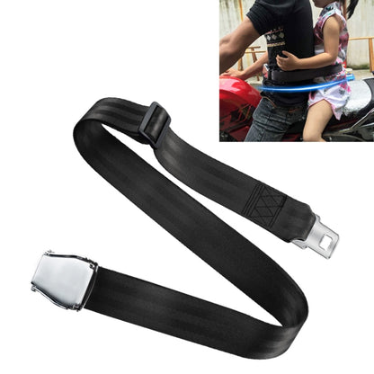 Black car seat safety belt with metal buckle and adjustable webbing strap