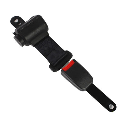 Two-point seat belt with black webbing, red release latch, and mounting strap