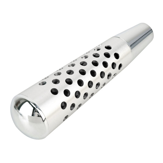 Chrome-look shift knob with perforated metal sleeve and rounded end cap