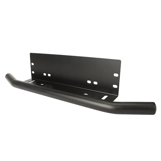 Black universal license plate bracket frame holder with curved bar and perforated mounting plate