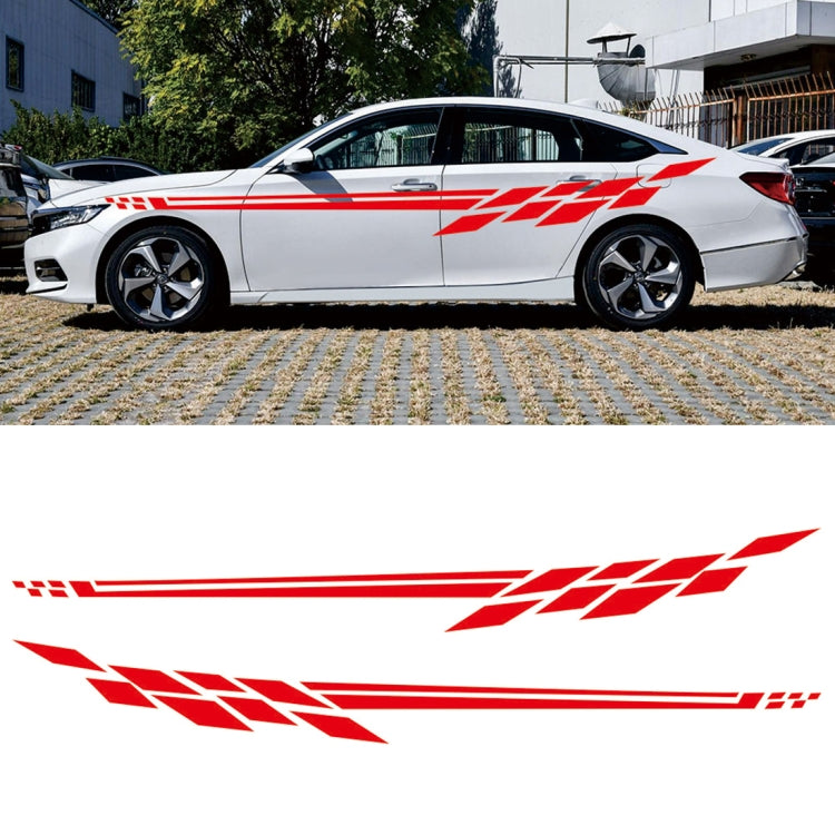 Car side stripe decal, red zigzag plaid on white sedan