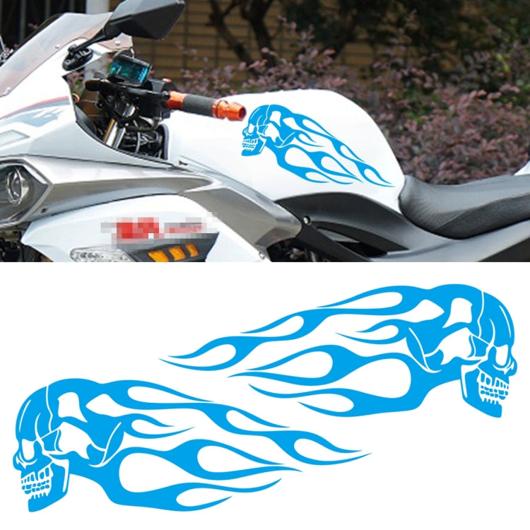 Motorcycle skull flame PVC sticker, blue skull with flame lines on white backing