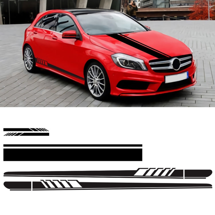 Car hood and side stripe decal set with black racing stripes on a red vehicle