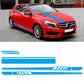 Car hood and side stripe decal set with blue racing stripes on a red vehicle
