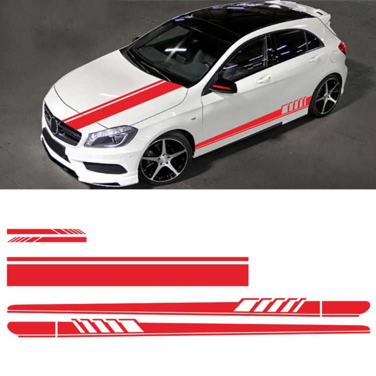 Car hood and side stripe decal set with red racing stripes on a white vehicle