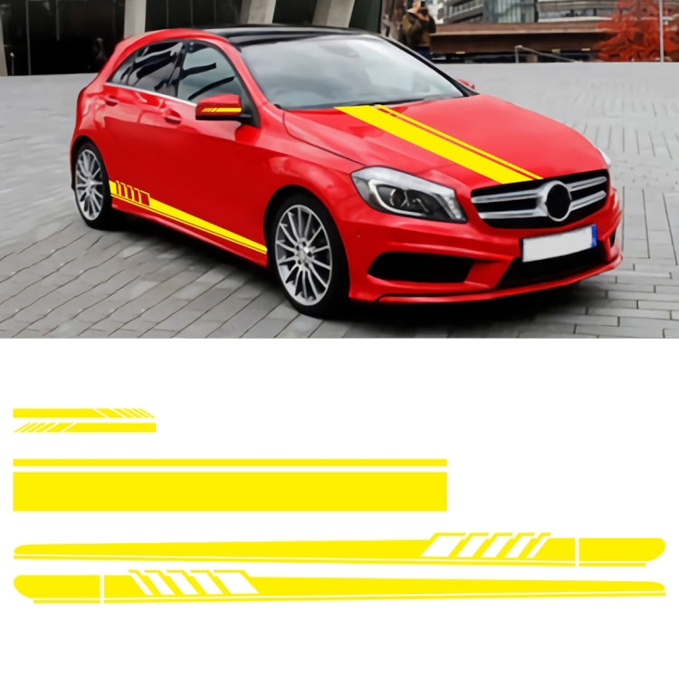 Car hood and side stripe decal set with yellow racing stripes on a red vehicle
