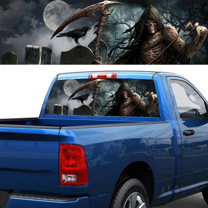 Horror rear window decal with grim reaper and raven graphic in dark teal and black