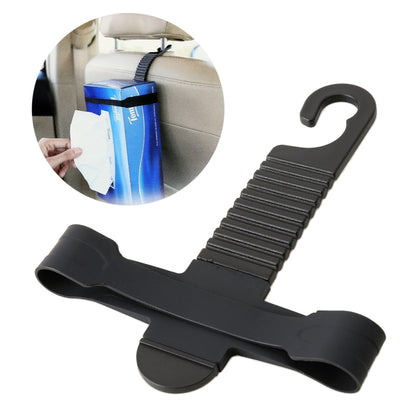 Car backseat hanger hook and tissue box holder, black plastic, ridged strap