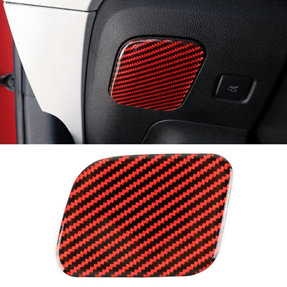 Car seat storage box sticker with red carbon-fiber pattern on dark panel