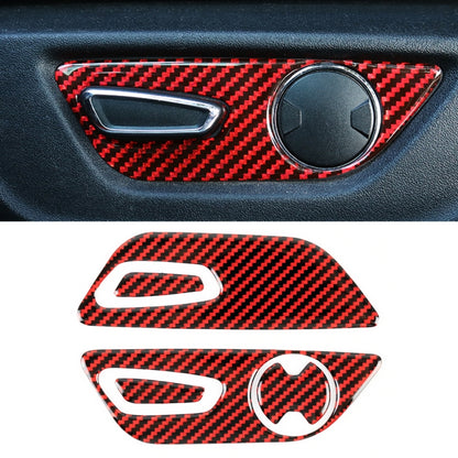 Red and black carbon fiber seat adjustment button sticker, round control with trim