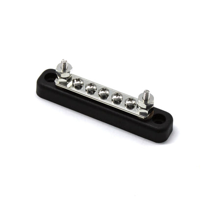 5-way 5-bit power distribution bus bar with 5 silver terminals on black base