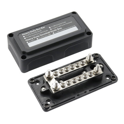Heavy-duty bus bar terminal block with grouped metal studs in black enclosure