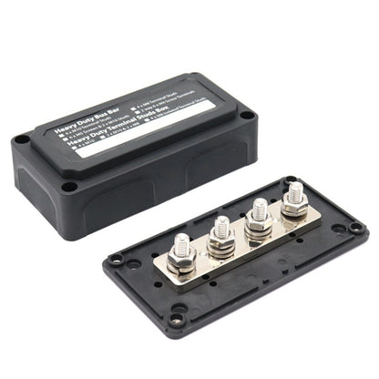 Heavy-duty bus bar terminal stud box with four silver M8 studs in black enclosure