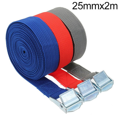 Polyester luggage/car tension strap belt with alloy buckle, blue red and gray webbing