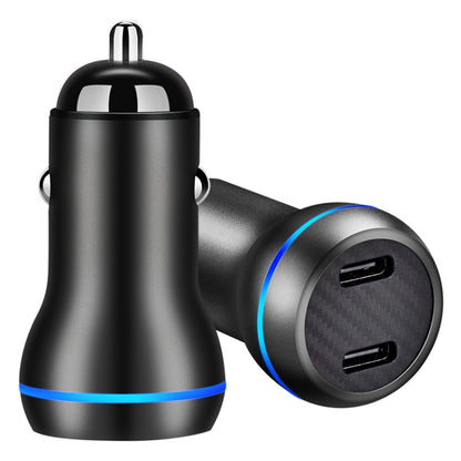 Black dual-port car charger with two USB-C ports and blue LED ring