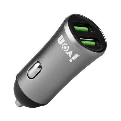 Grey dual USB mini car charger with two USB ports and indicator button