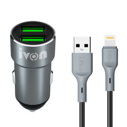 Dual USB car charger with LED-lit ports and 1m 8-pin cable, gray.