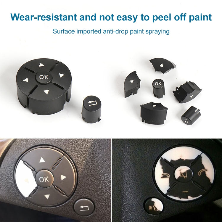 Black steering wheel switch button panel with OK ring and arrow icons, plus small side switch