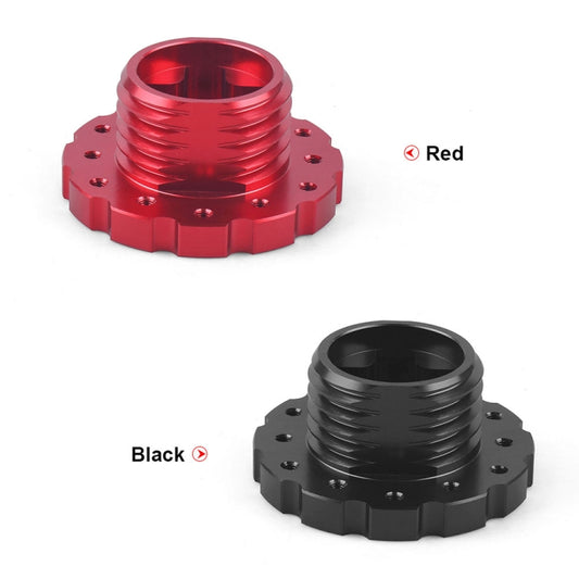 Red and black steering wheel connection adapter hubs with threaded ring