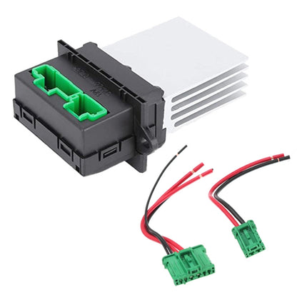 Car heater blower fan resistor connector with wiring harness and green plug connectors