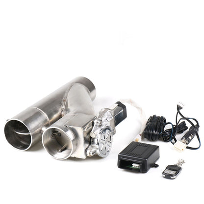 Electric exhaust valve pipe with remote control, two-pipe Y-shape kit and wiring.