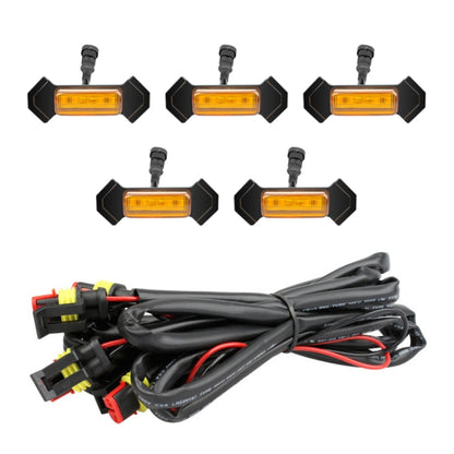 5 amber LED front grille warning lights with black wiring harness and connectors