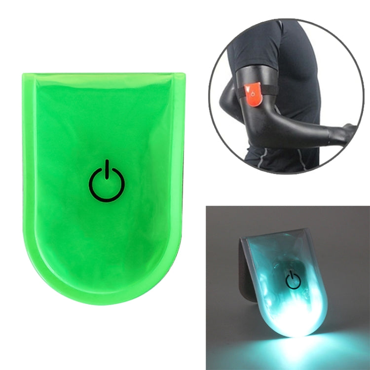 LED magnet clip safety light, green translucent body with glowing LED