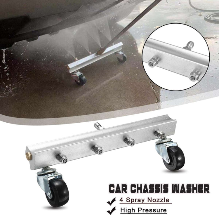 Silver chassis washer bar with four nozzles and caster wheels, under-vehicle view