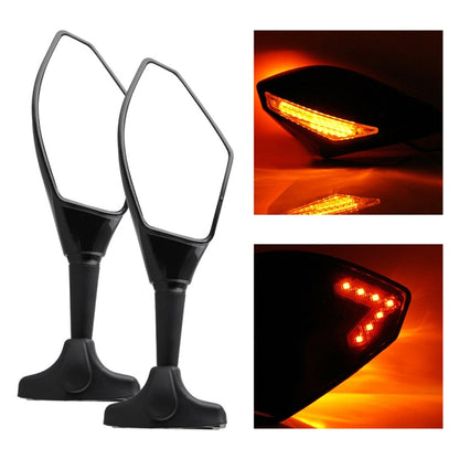 Black motorcycle rearview mirror set with amber LED turn-signal light, pair view