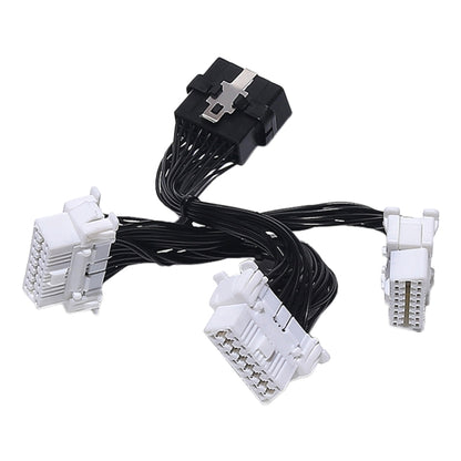 OBD2 extended diagnostic cable with black main connector and three white adapter plugs