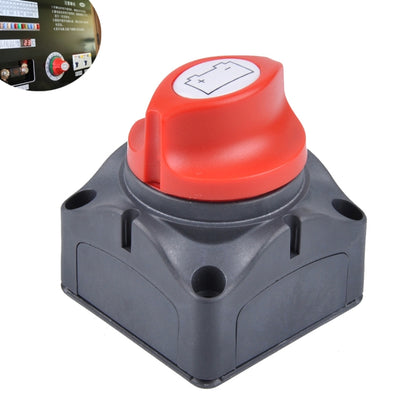 Rotary battery isolator switch with red knob on black base