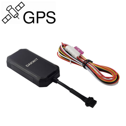 Black DAKWIT GPS vehicle tracker with multicolor wiring harness and mounting cable