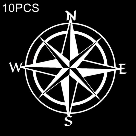 White compass rose decorative car sticker with cardinal direction letters, set of 10