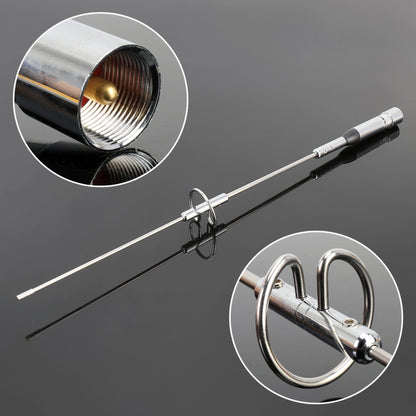 Car radio antenna with silver rod, black base, and threaded metal tip