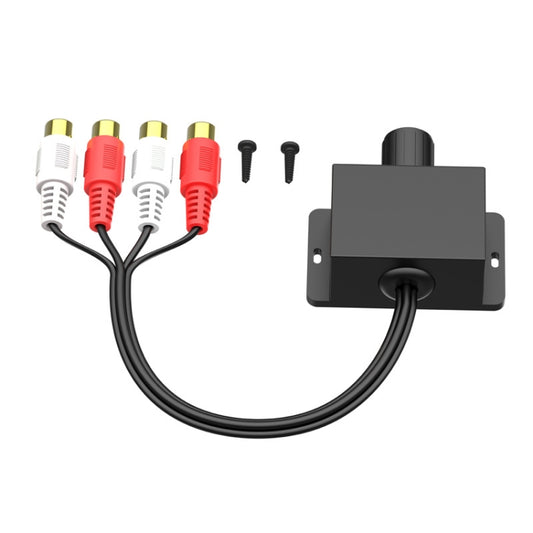 Car panel audio volume control box with black knob, RCA plugs and mounting screws